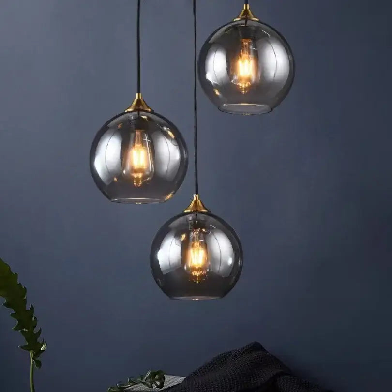 Modern smoked glass ball pendant lights kitchen & dining room triple set