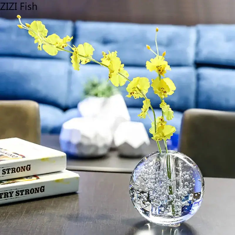 Modern spherical clear glass vase with bubbles for desk decoration