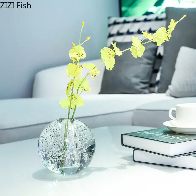 Modern spherical clear glass vase with bubbles for desk decoration