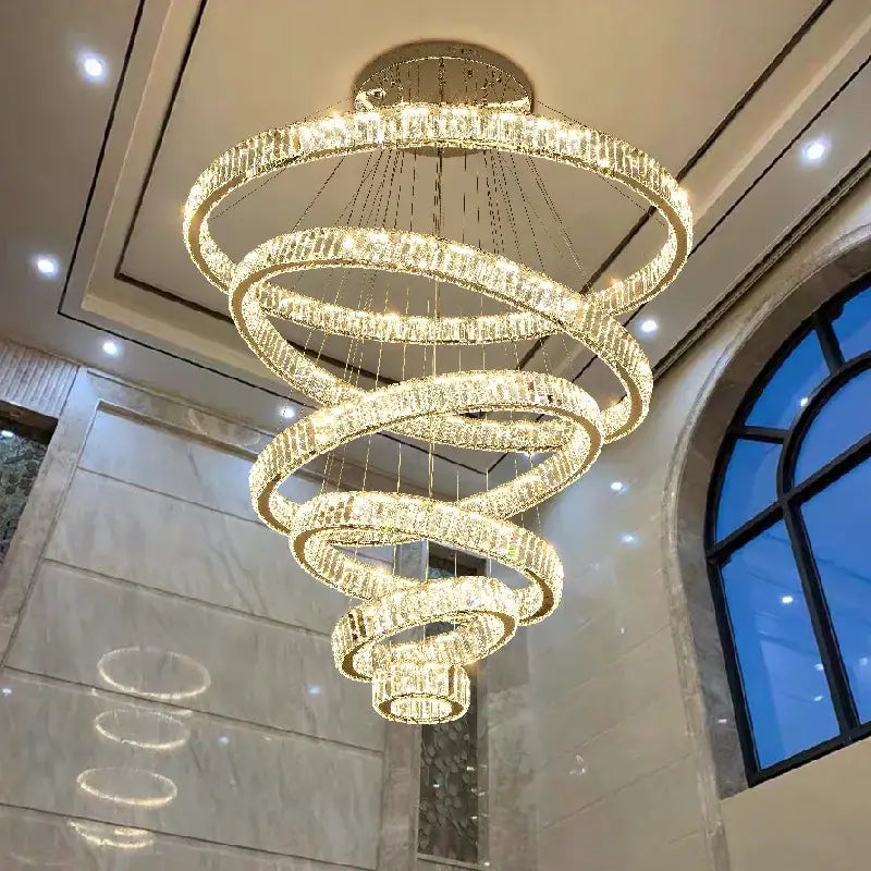 Modern spiral crystal circle led chandelier staircase pendant light
