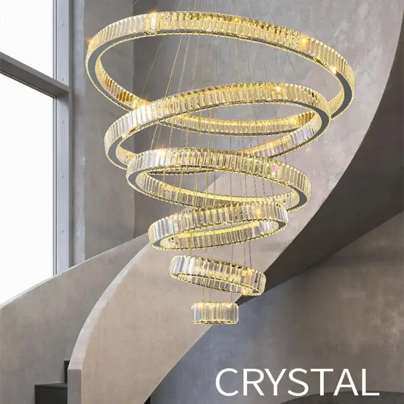 Modern spiral crystal circle led chandelier staircase pendant light
