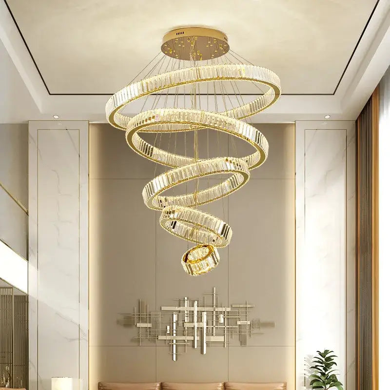 Modern spiral crystal circle led chandelier staircase pendant light