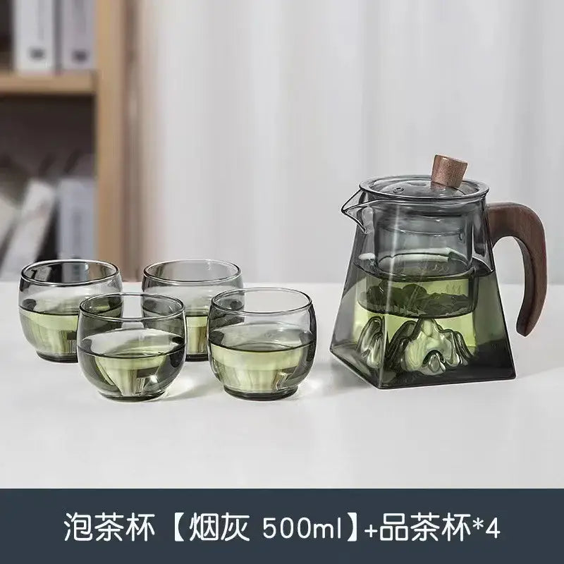 Modern square glass tea pot with wooden handle and mountain infuser kitchen