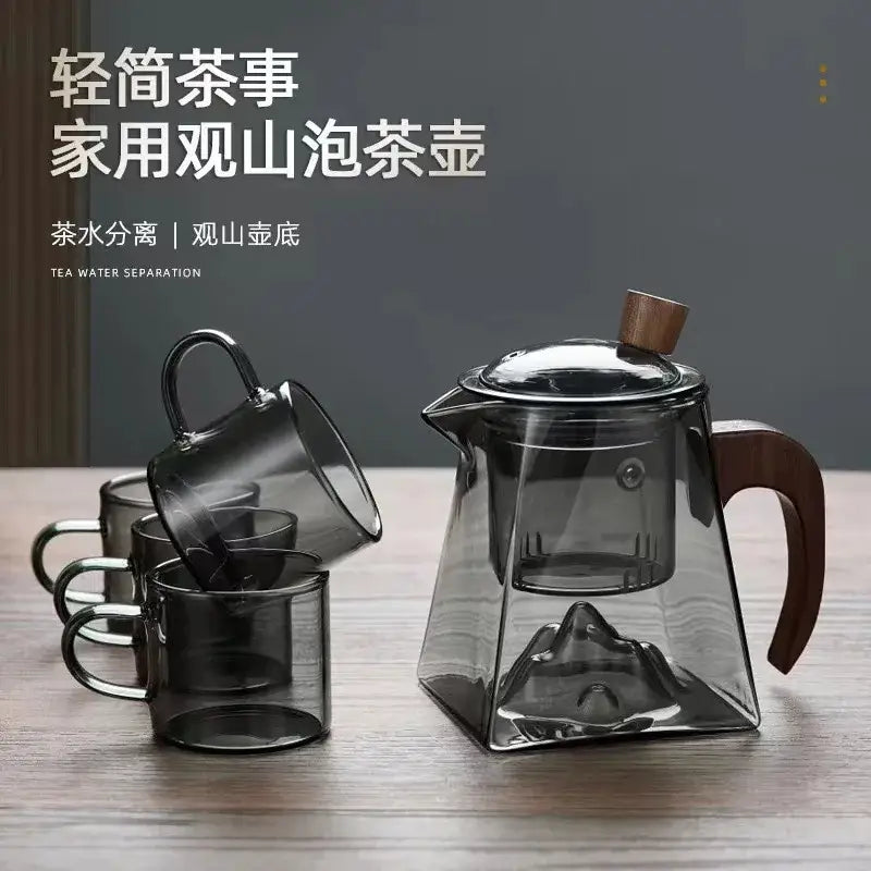 Modern square glass tea pot with wooden handle and mountain infuser kitchen