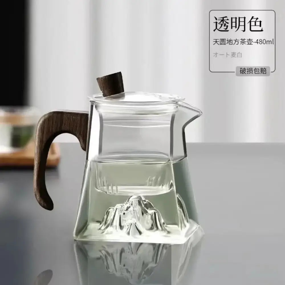Modern square glass tea pot with wooden handle and mountain infuser kitchen