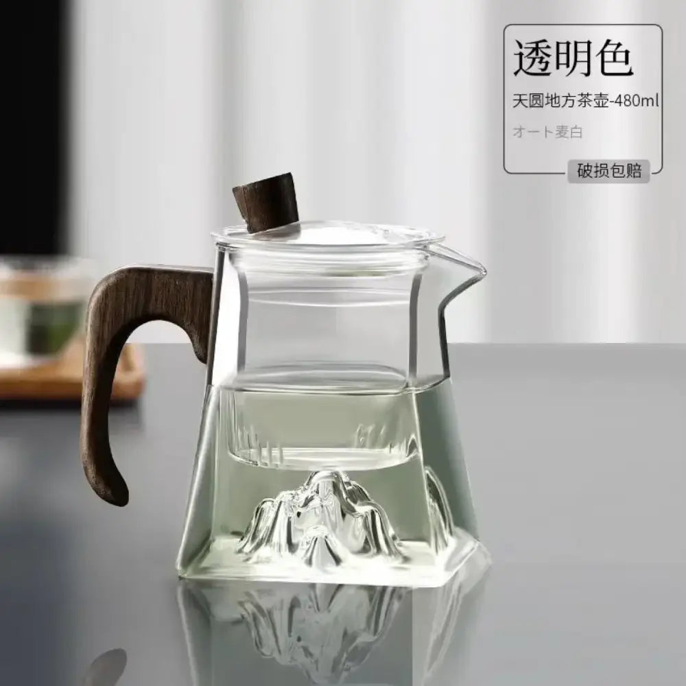 Modern square glass tea pot with wooden handle and mountain infuser kitchen