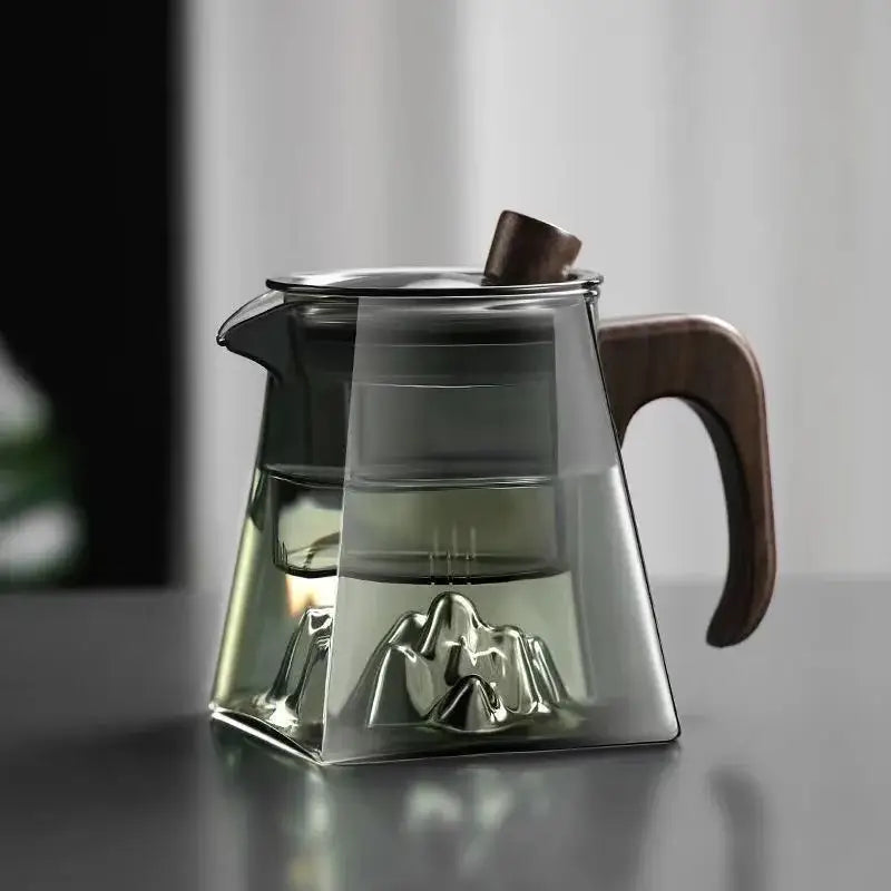 Modern square glass tea pot with wooden handle and mountain infuser kitchen