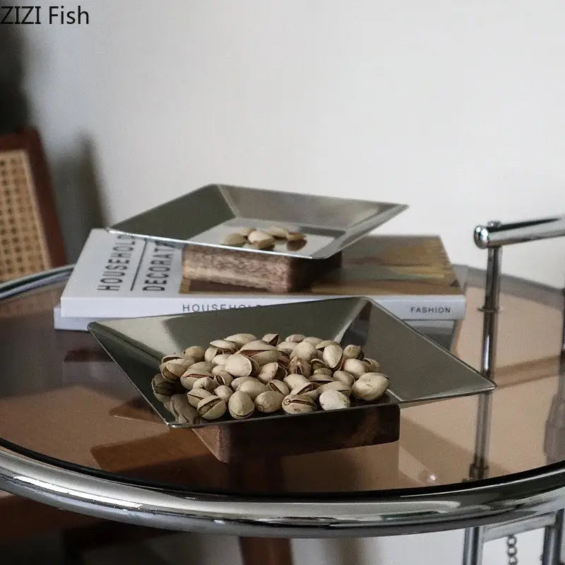 Modern square metallic and dark wood fruit bowl tray living room