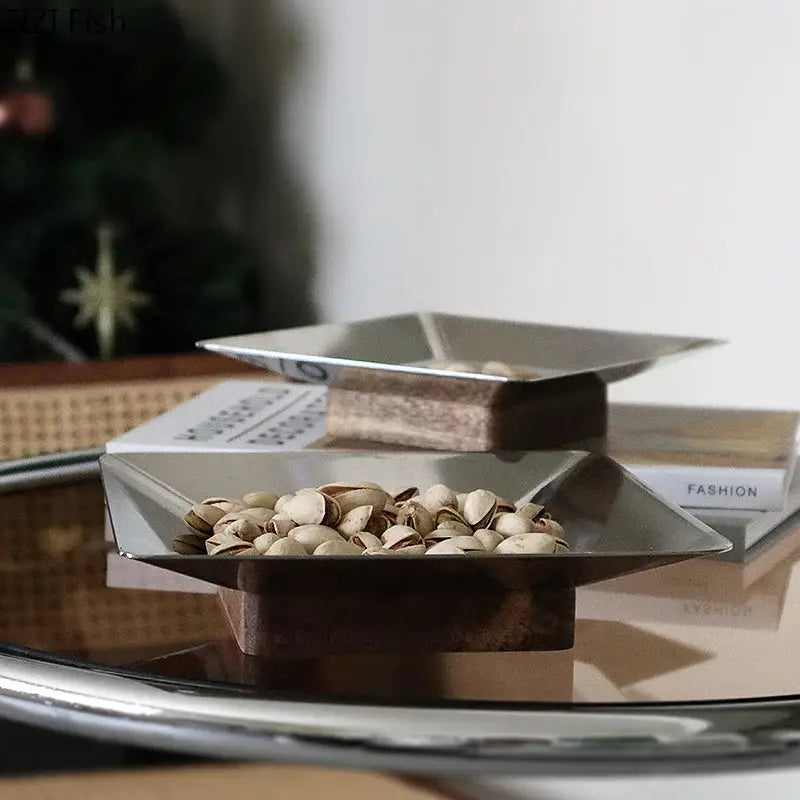 Modern square metallic and dark wood fruit bowl tray living room