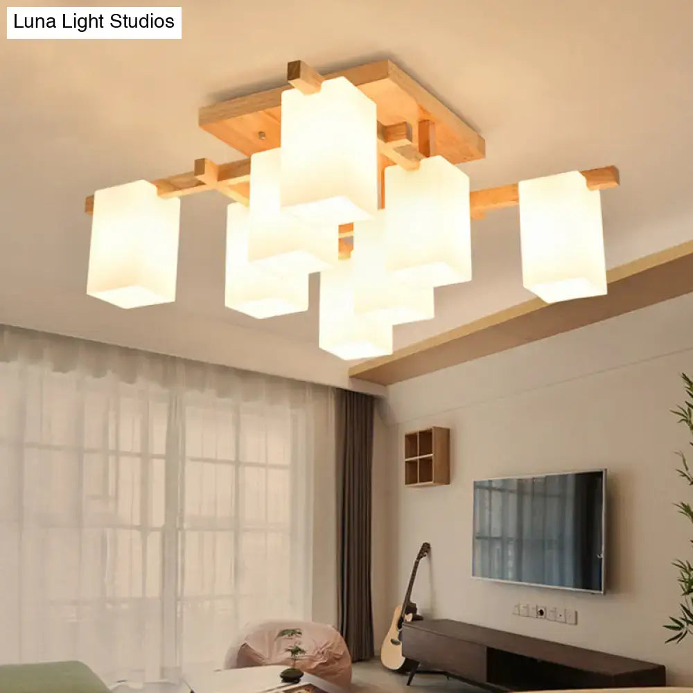 Modern square wood living room flush mount with white glass shade