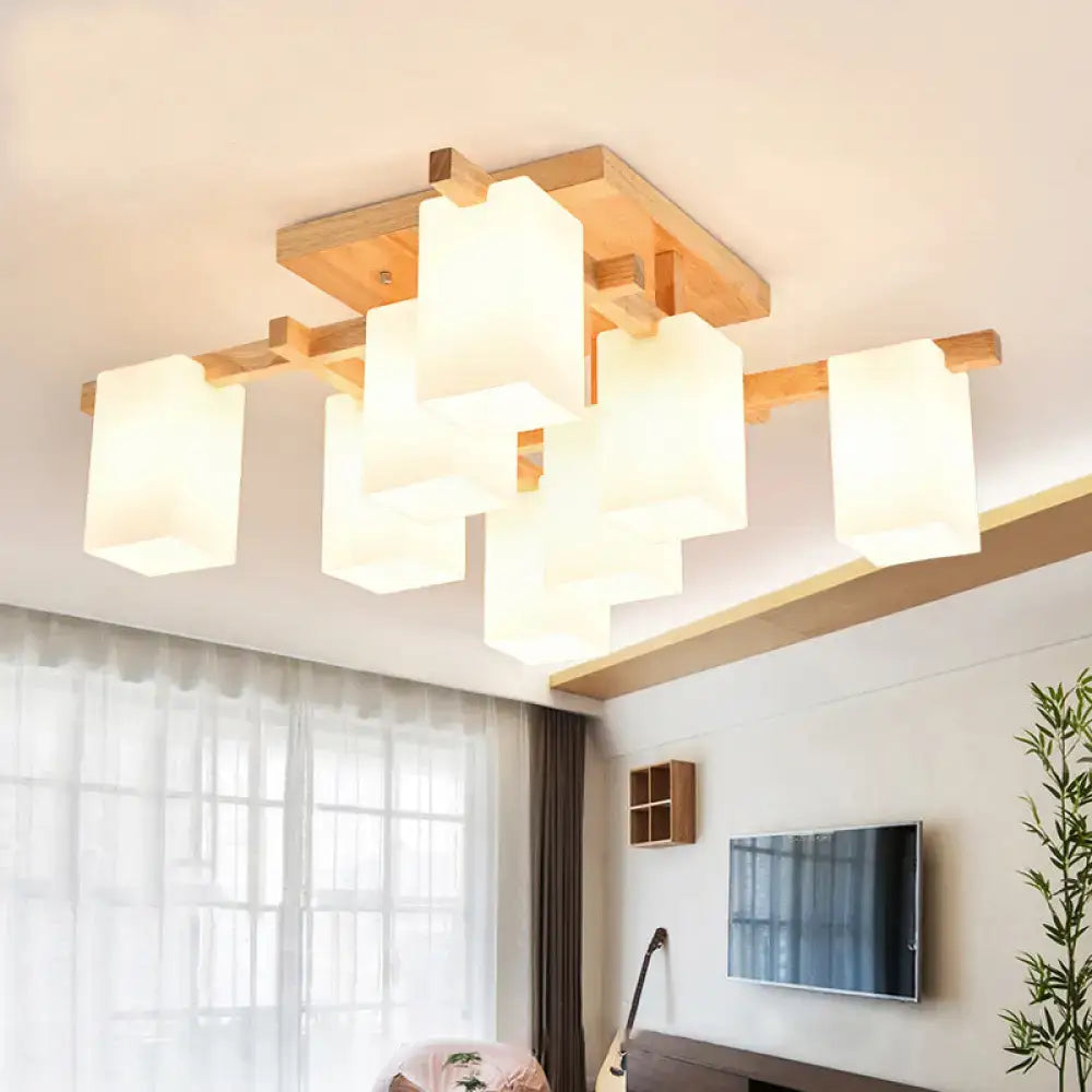 Modern square wood living room flush mount with white glass shade