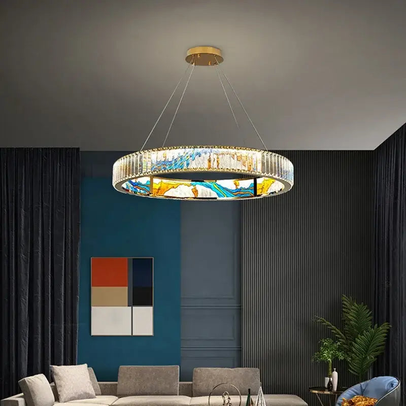 Modern stained glass circle steel led pendant chandelier living room
