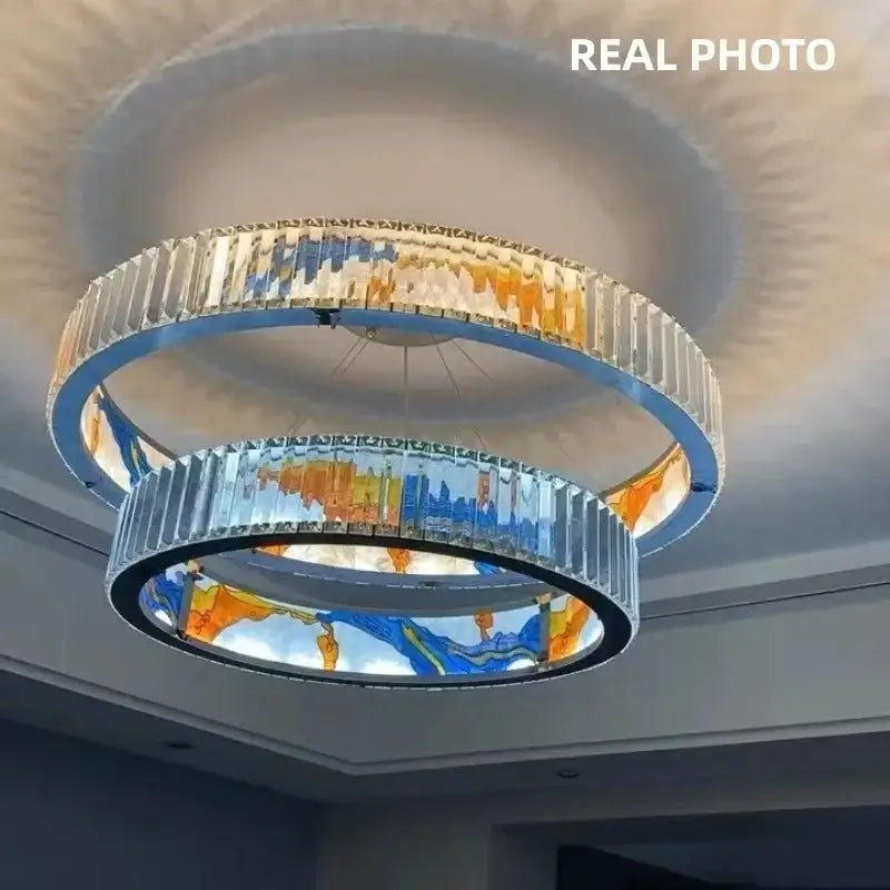 Modern stained glass circle steel led pendant chandelier living room