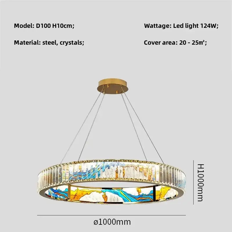 Modern stained glass circle steel led pendant chandelier living room