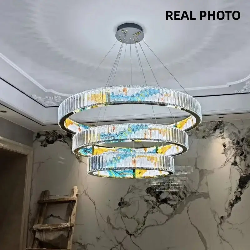 Modern stained glass circle steel led pendant chandelier living room