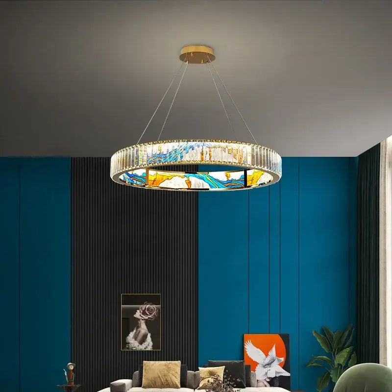 Modern stained glass circle steel led pendant chandelier living room