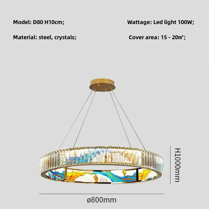 Modern stained glass circle steel led pendant chandelier living room