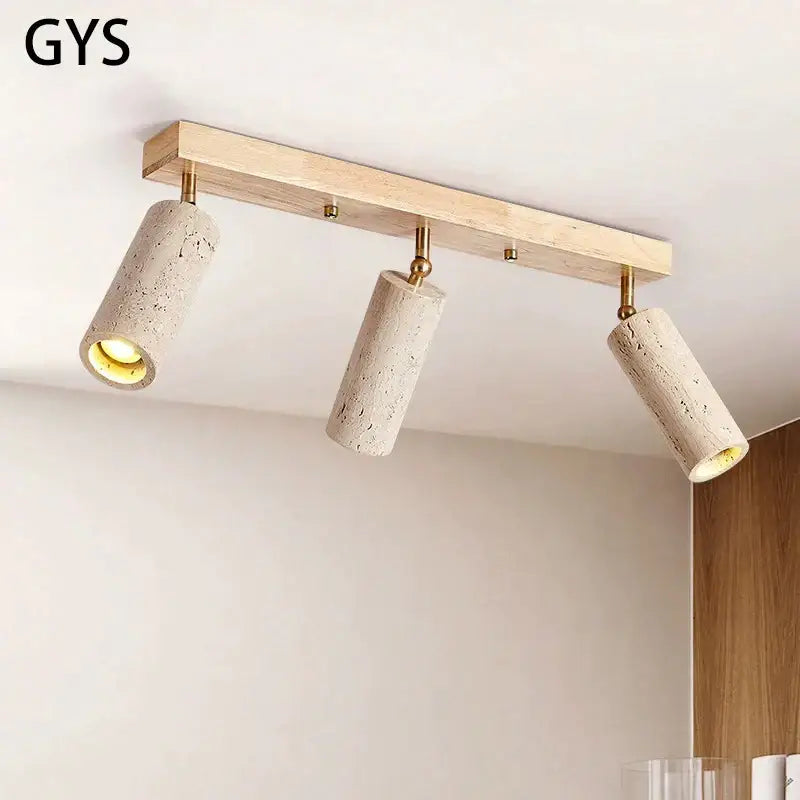 Modern stone & wood 3-head led ceiling spotlight for living room