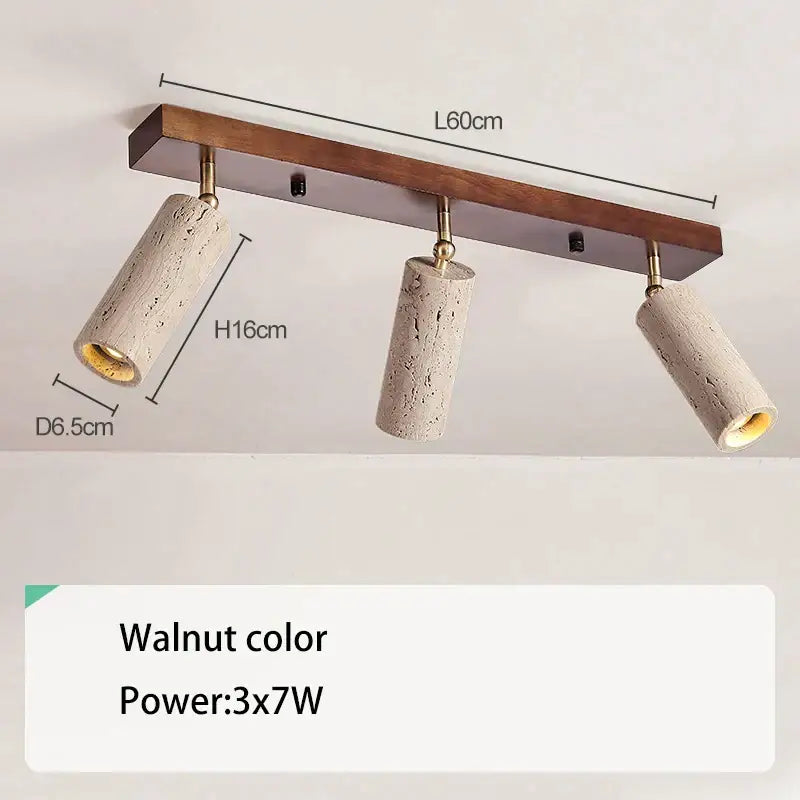 Modern stone & wood 3-head led ceiling spotlight for living room