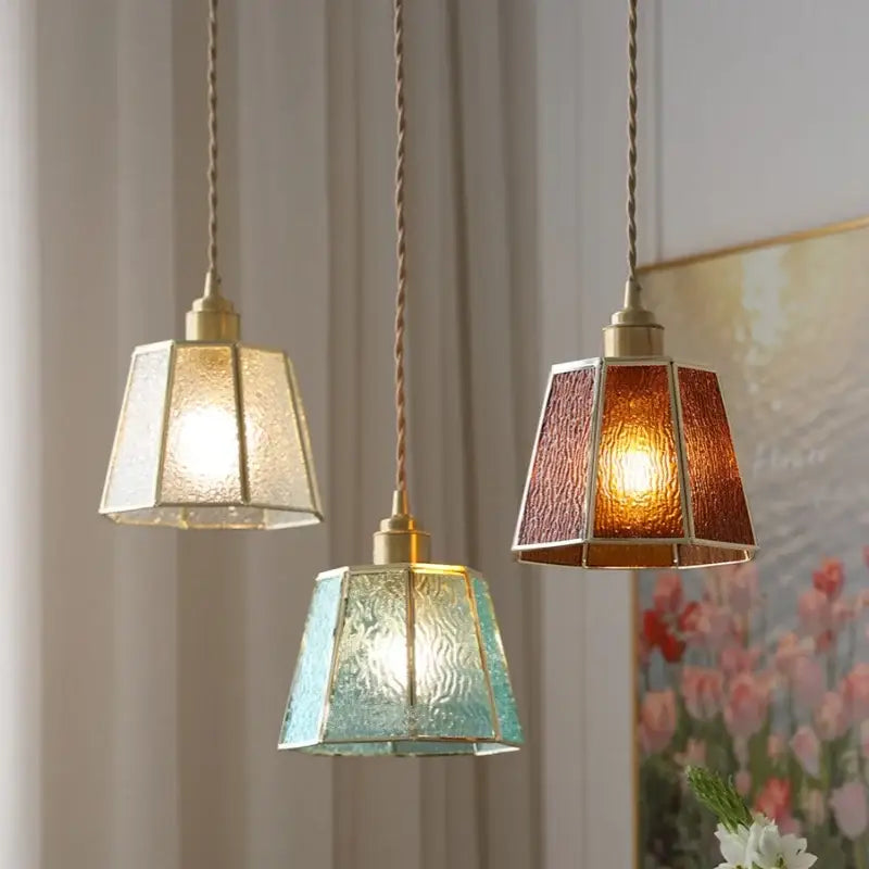 Modern teal & amber copper glass led pendant lamp dining room