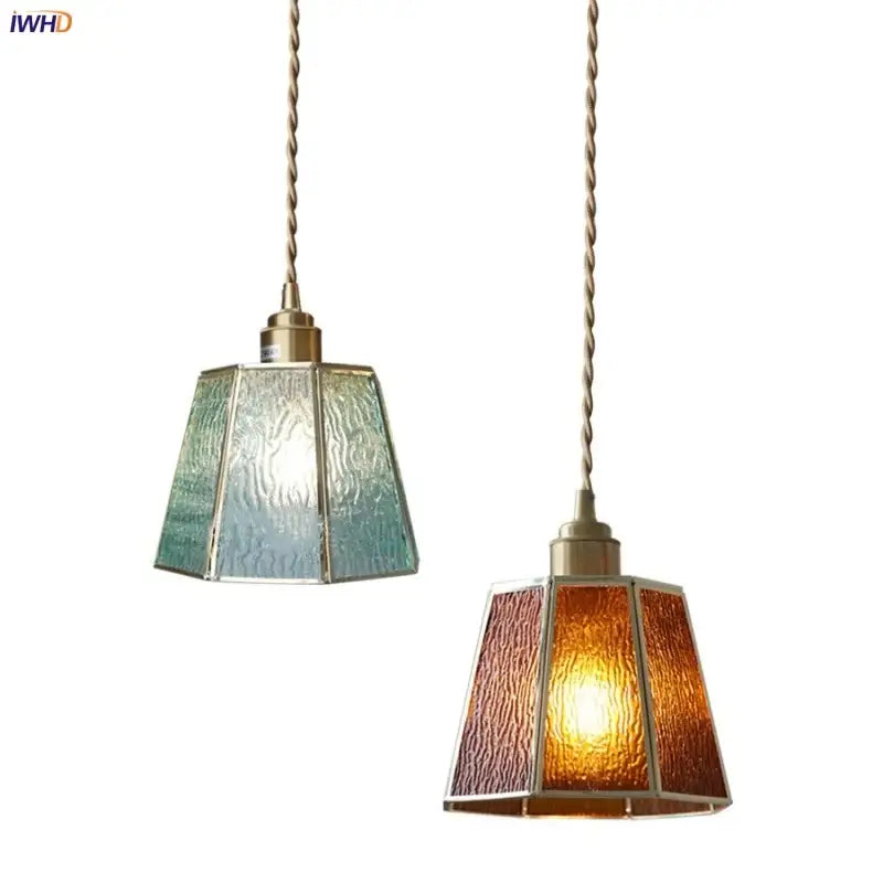 Modern teal & amber copper glass led pendant lamp dining room