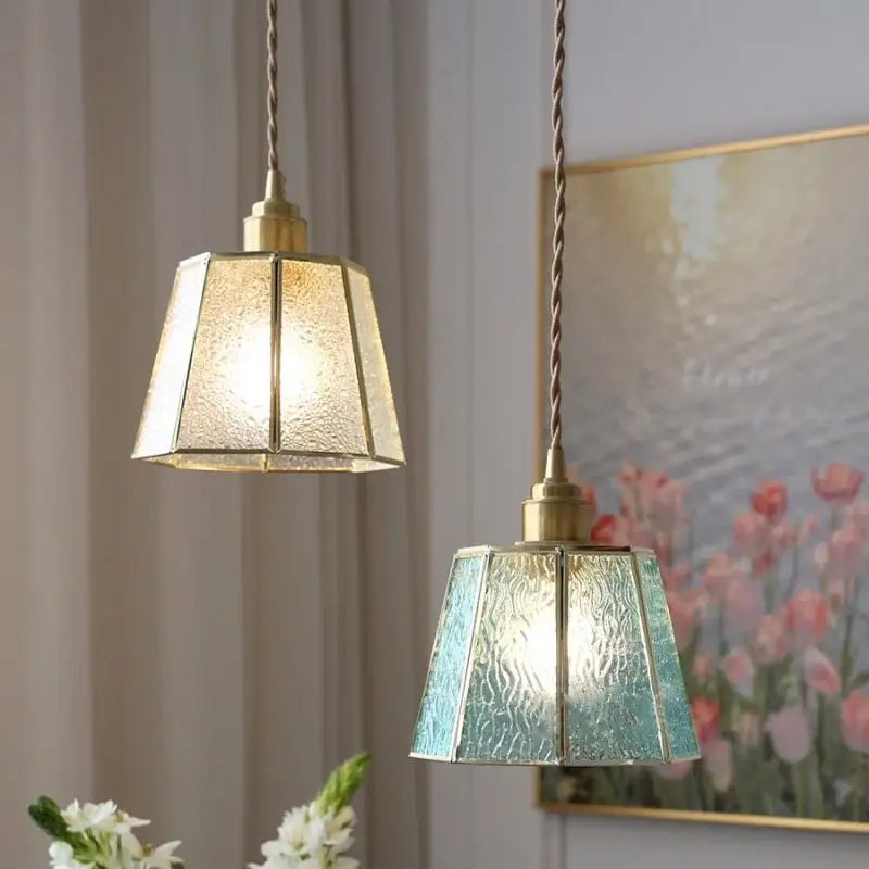Modern teal & amber copper glass led pendant lamp dining room