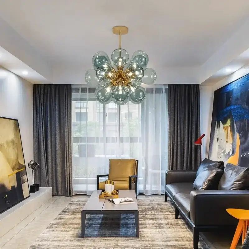 Modern teal and brass glass bubble chandelier living room pendant light