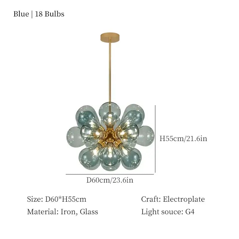 Modern teal and brass glass bubble chandelier living room pendant light