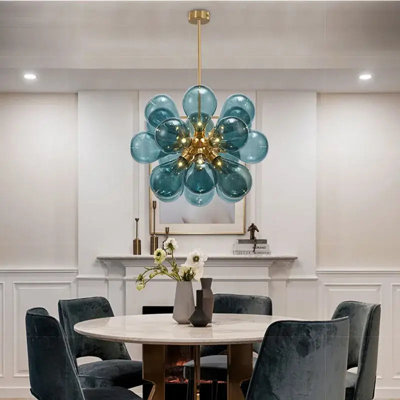 Modern teal and gold glass bubble hanging pendant light dining room