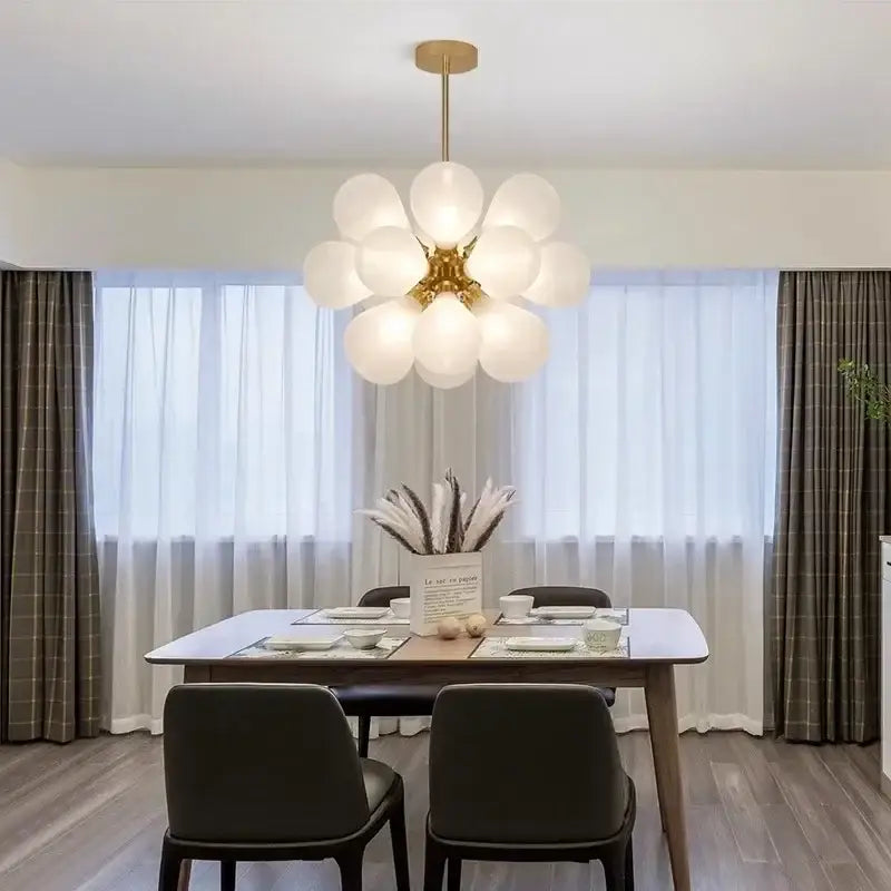 Modern teal and gold glass bubble hanging pendant light dining room