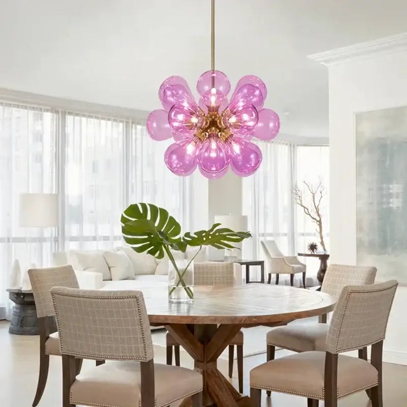 Modern teal and gold glass bubble hanging pendant light dining room