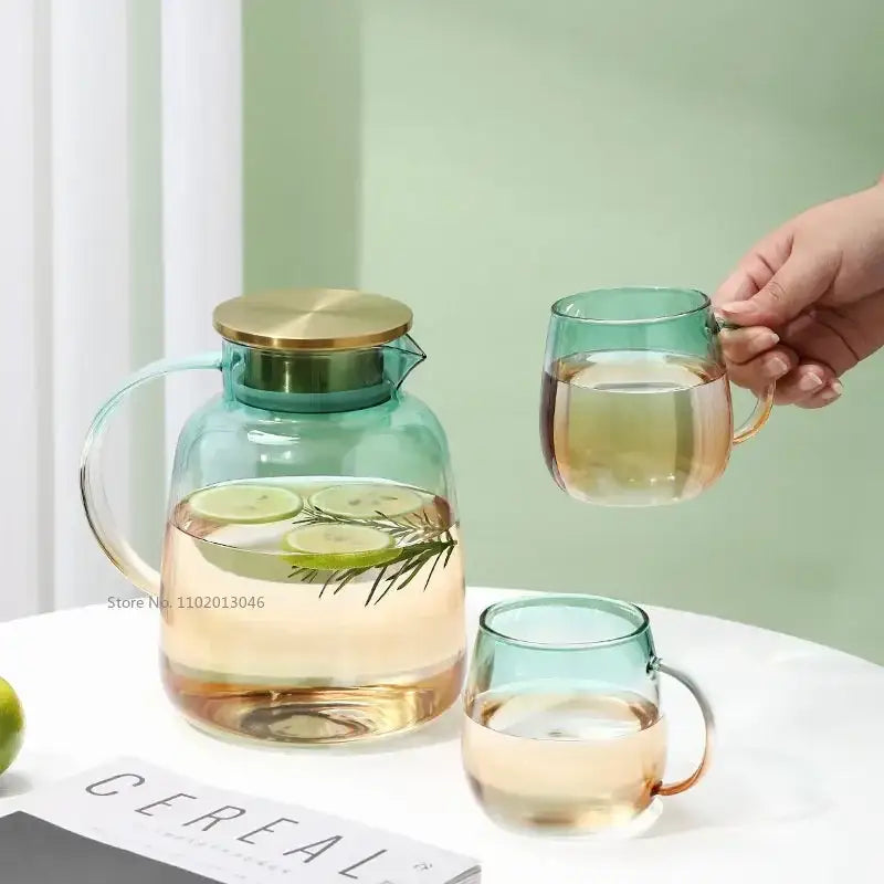 Modern teal and gold glass teapot set kitchen infused water jug