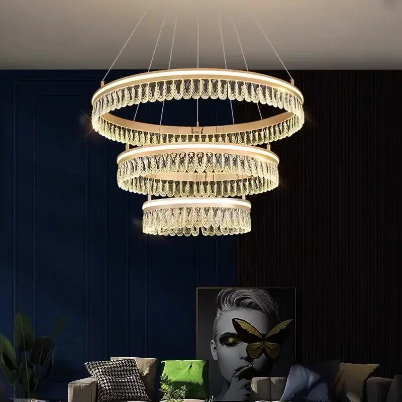 Modern three tier gold crystal led chandelier dining room light