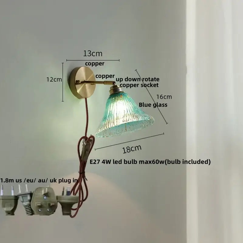 Modern turquoise blue glass wall sconce bedroom pull chain light