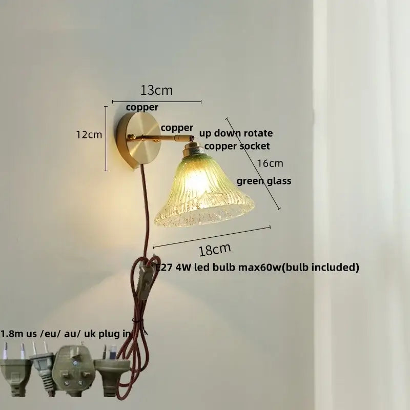 Modern turquoise blue glass wall sconce bedroom pull chain light