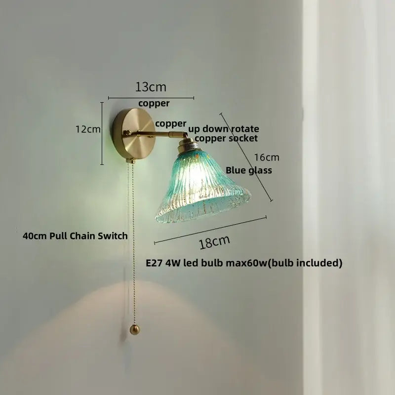 Modern turquoise blue glass wall sconce bedroom pull chain light