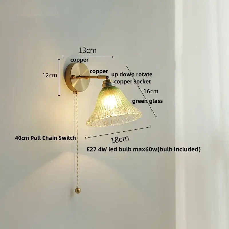 Modern turquoise blue glass wall sconce bedroom pull chain light