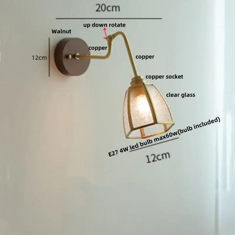 Modern walnut and brass clear glass led wall sconce stair light