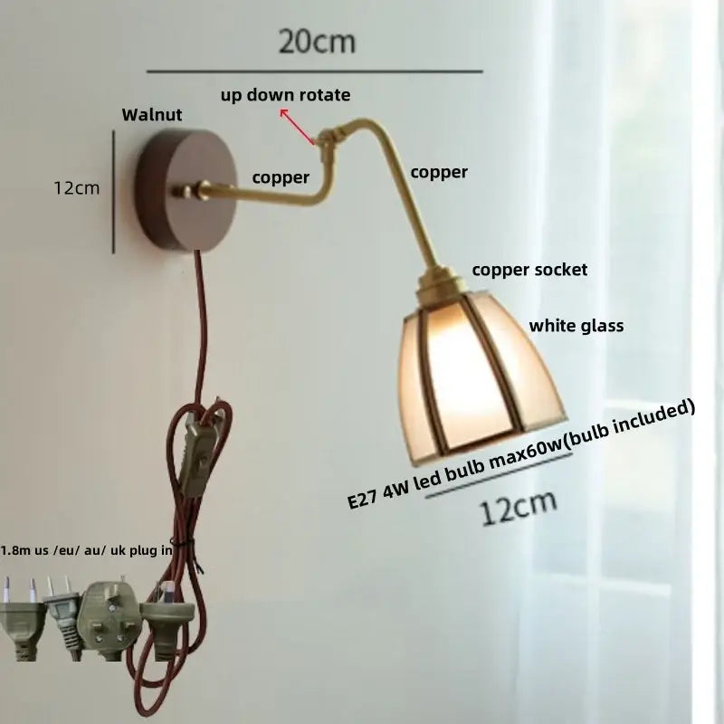 Modern walnut and brass clear glass led wall sconce stair light