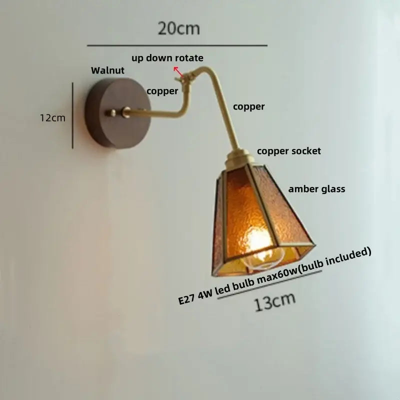 Modern walnut and brass clear glass led wall sconce stair light