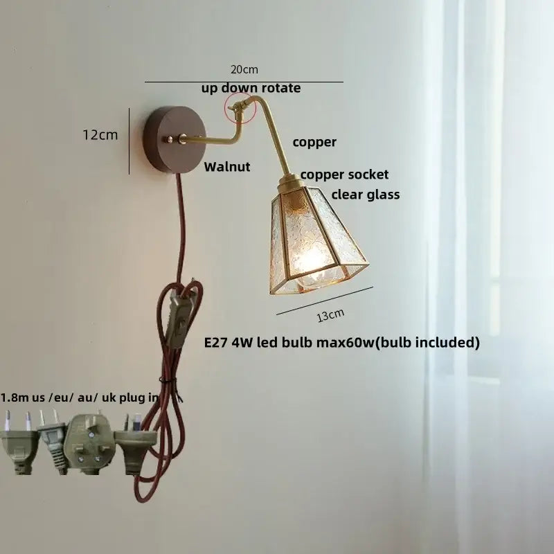 Modern walnut and brass clear glass led wall sconce stair light