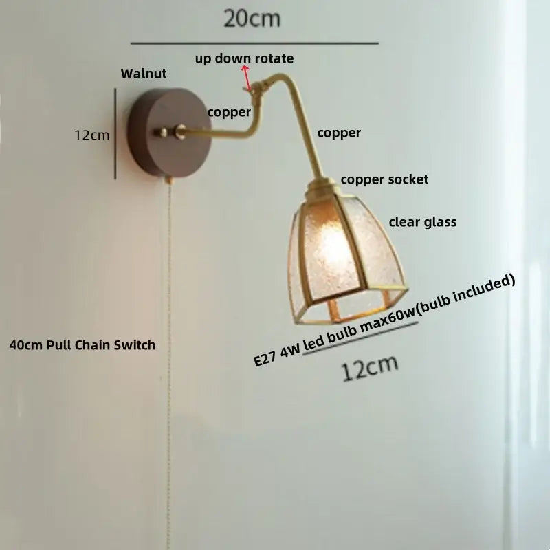 Modern walnut and brass clear glass led wall sconce stair light