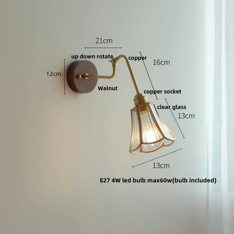 Modern walnut and brass clear glass led wall sconce stair light