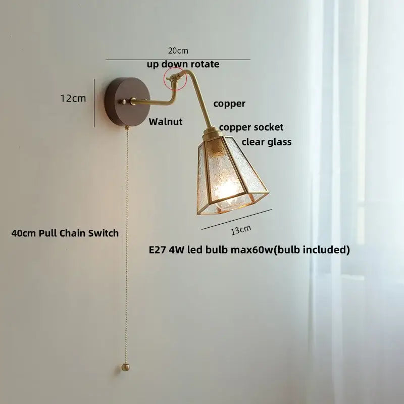 Modern walnut and brass clear glass led wall sconce stair light