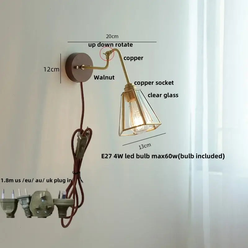 Modern walnut and brass clear glass led wall sconce stair light