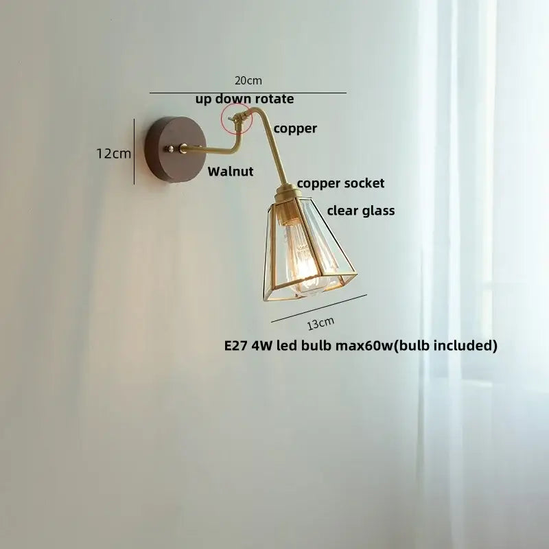 Modern walnut and brass clear glass led wall sconce stair light