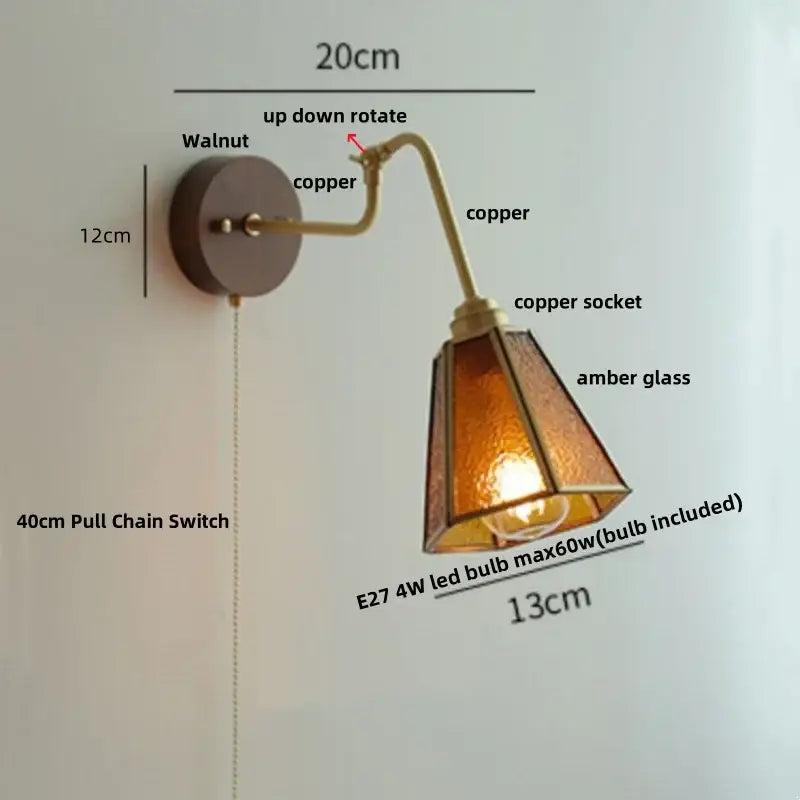 Modern walnut and brass clear glass led wall sconce stair light