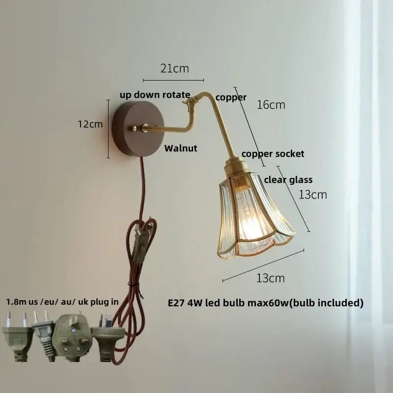 Modern walnut and brass clear glass led wall sconce stair light