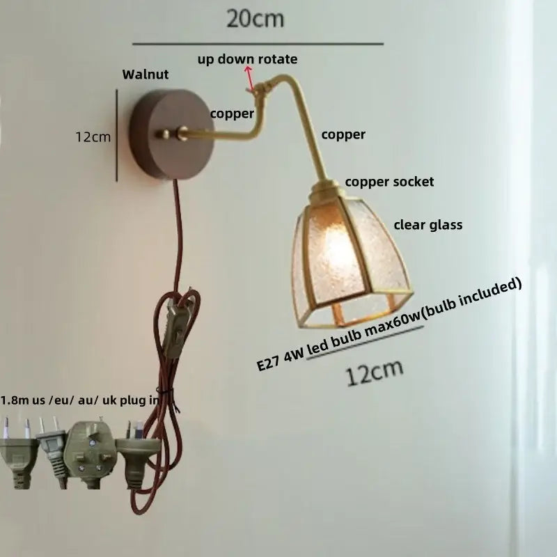 Modern walnut and brass clear glass led wall sconce stair light
