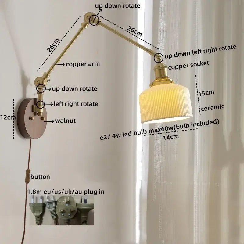 Modern walnut & brass led wall light bedroom glass sconce